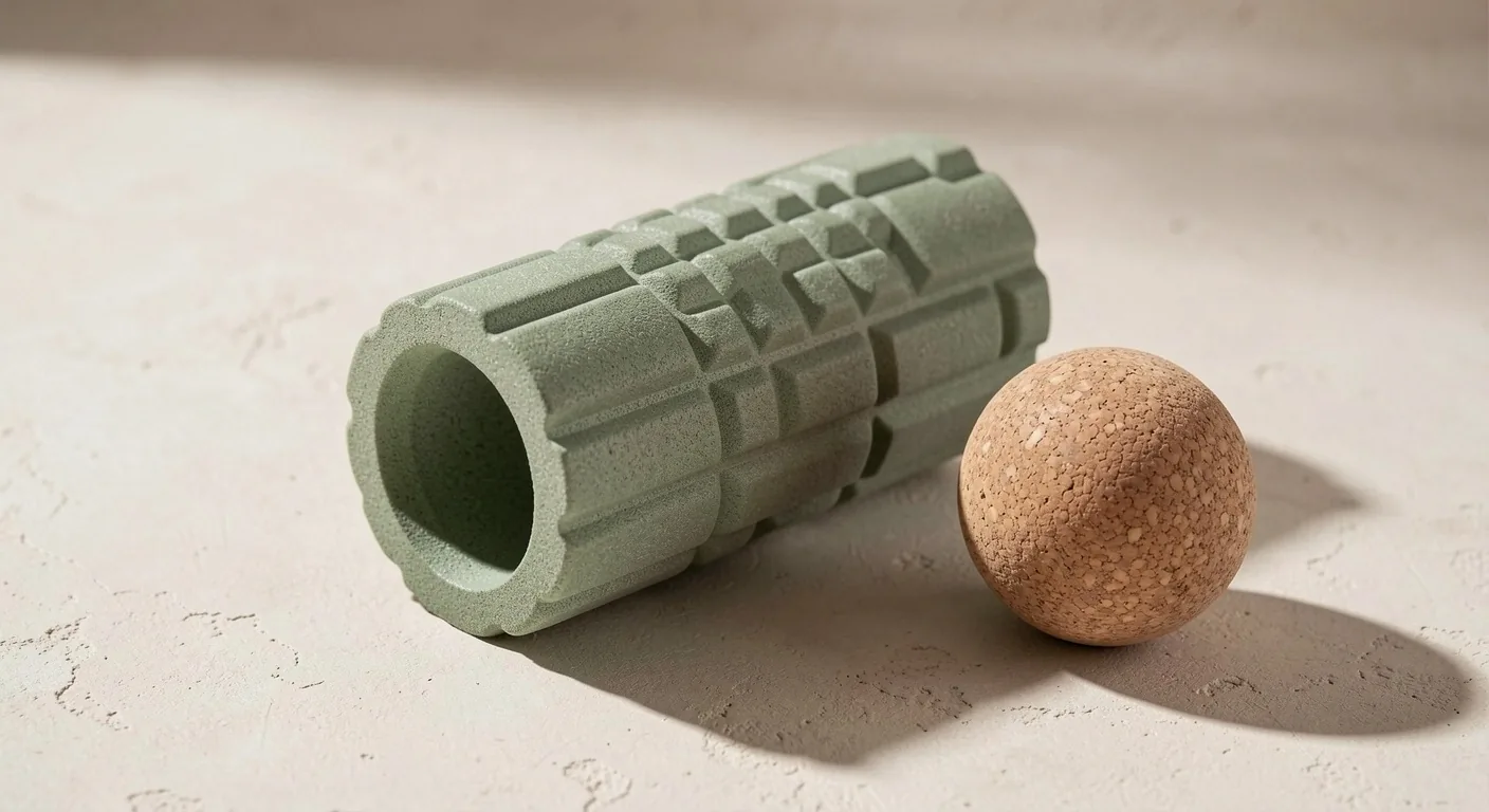 Foam roller and massage ball on studio surface